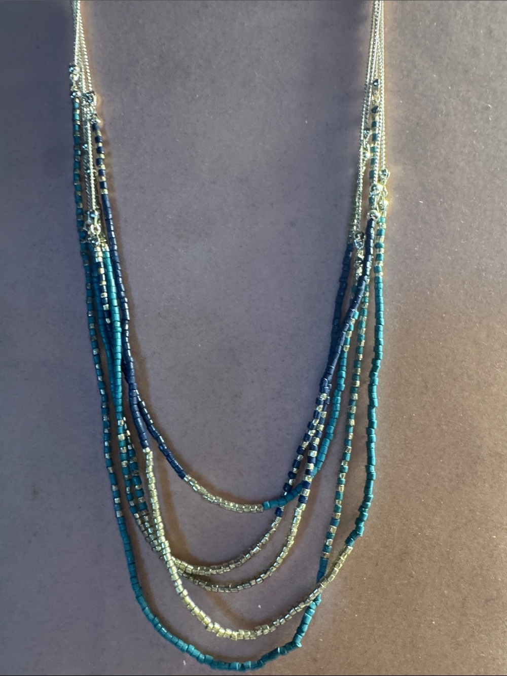 Layered Teal and Gold Beaded Multi-Strand Necklace 9 1/2” long